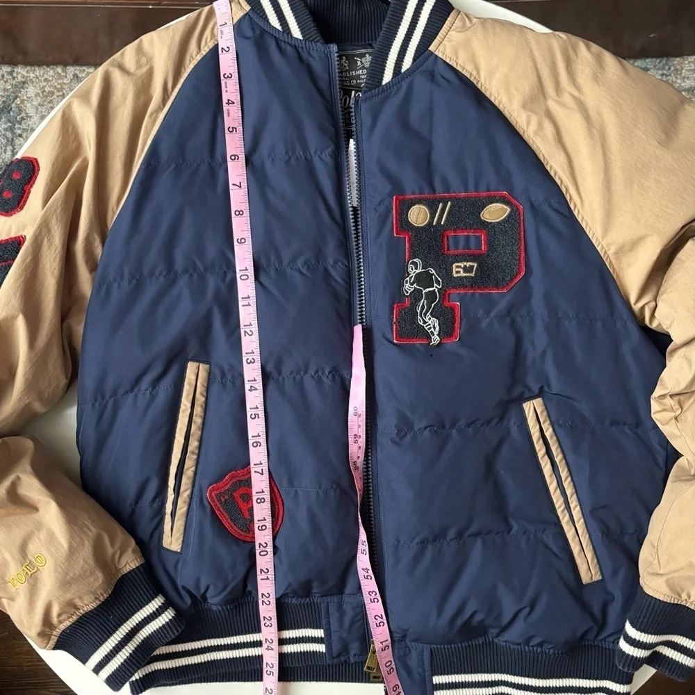Polo Ralph Lauren Varsity Duck Down Puffer Bomber Jacket Size Medium Navy Blue